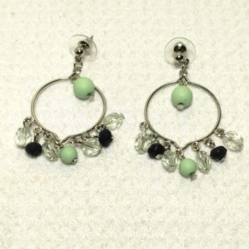 Silver Tone Mint Green Black Clear Beaded Hoop Chandelier Post Earrings 2 Inch